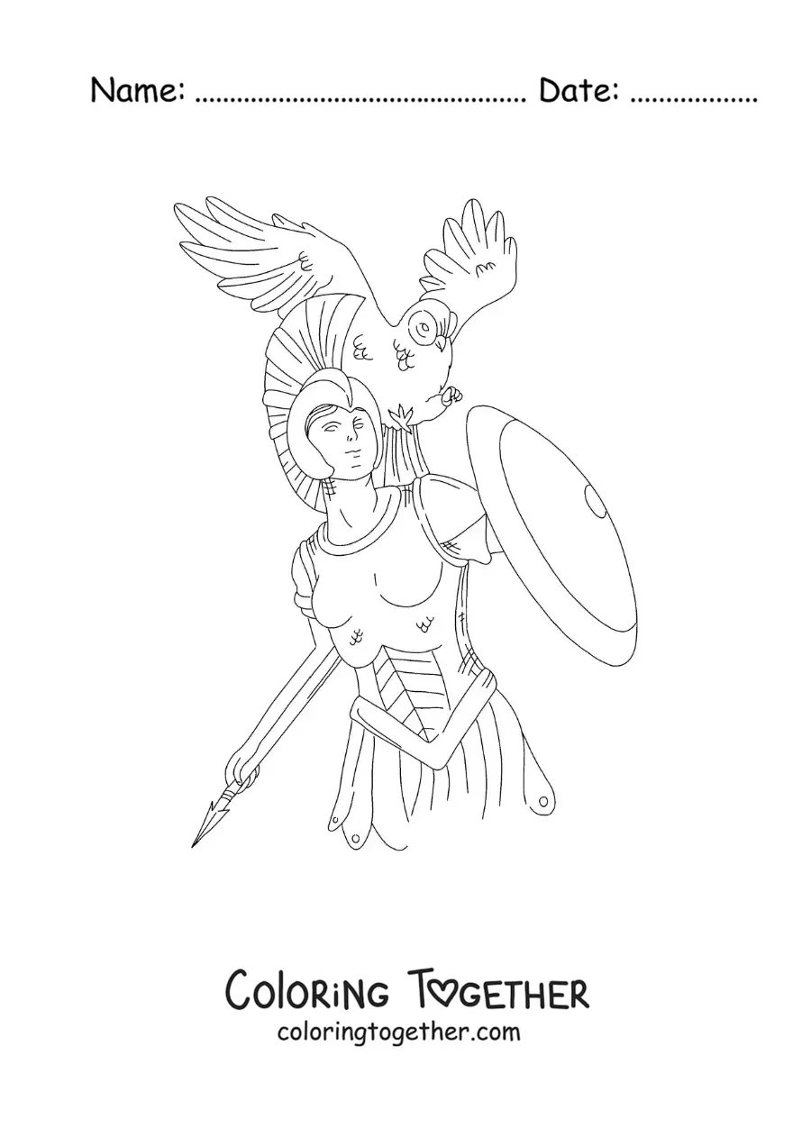 Coloring page of the goddess Athena with her owl and shield in a realistic style