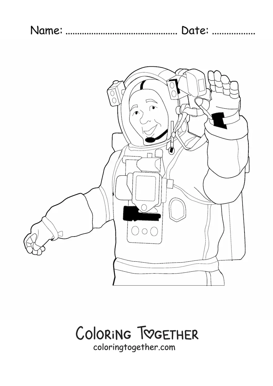 Coloring page of a realistic astronaut waving