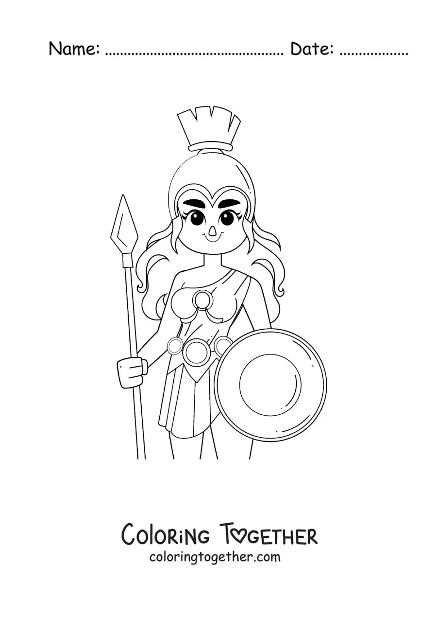 Coloring page of the goddess Athena with her helmet and shield in an animated style