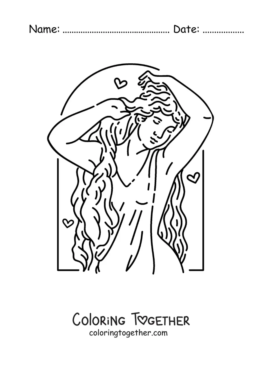 Coloring page of the Greek goddess Aphrodite combing her hair