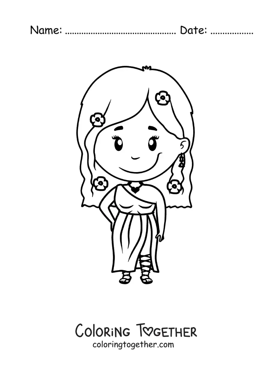 Coloring page of the Greek goddess Aphrodite, animated and kawaii