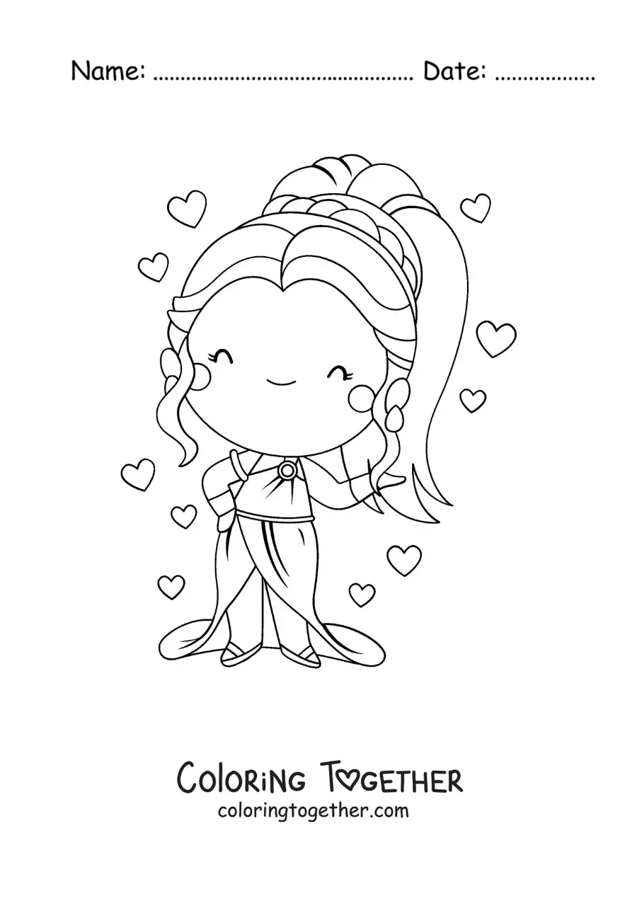 Coloring page of the goddess Aphrodite, kawaii style, with hearts