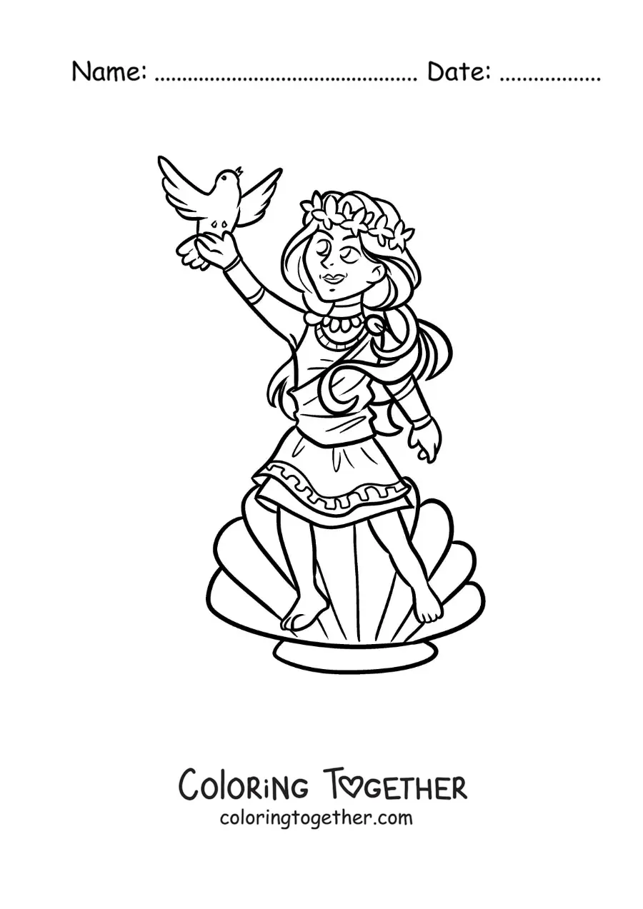 Coloring page of the animated goddess Aphrodite with a seashell and a dove