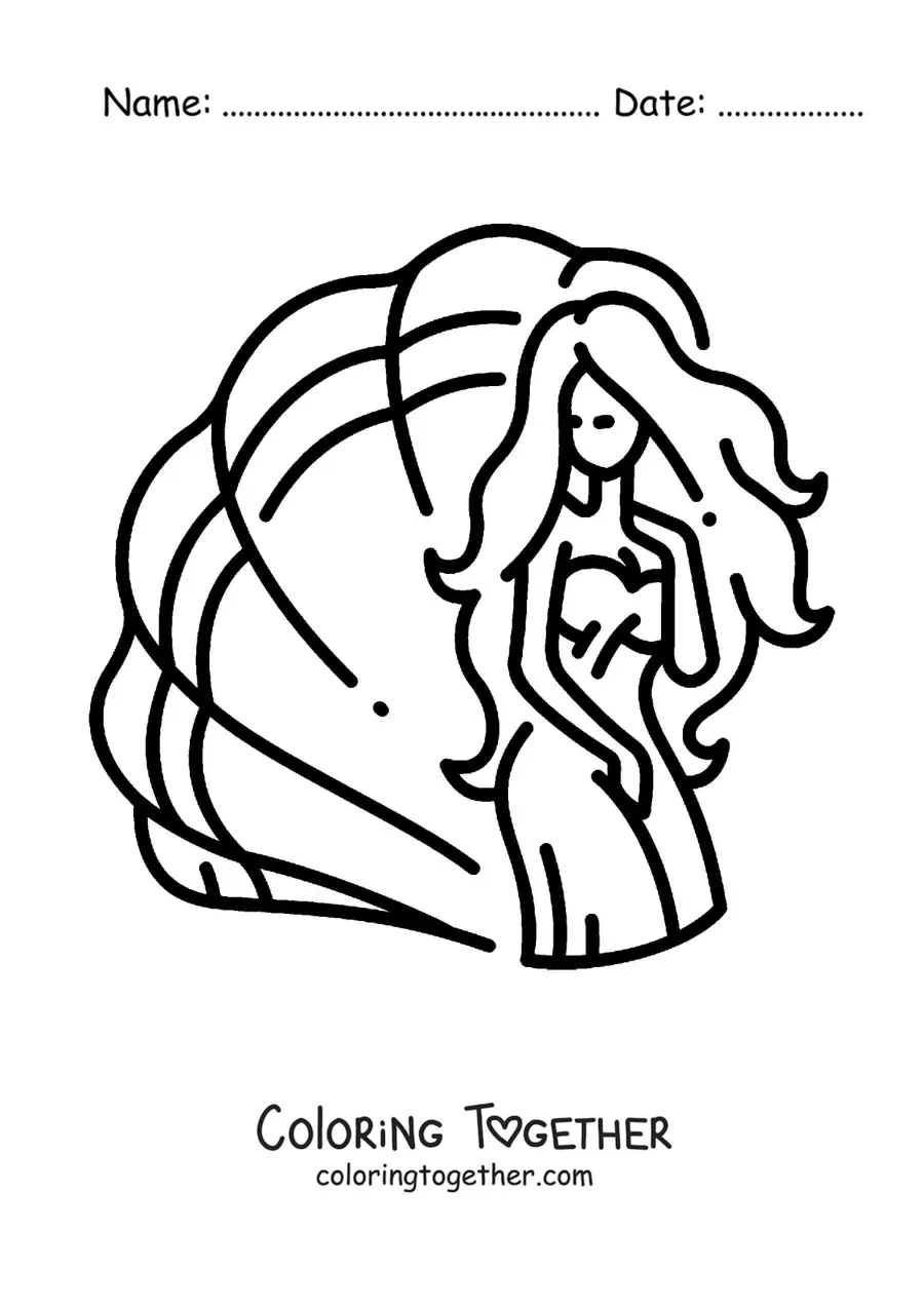 Coloring page of Aphrodite the animated Greek goddess with a scallop shell