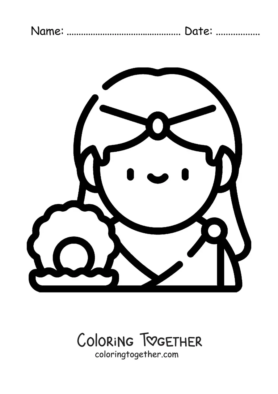 Coloring page of the goddess of love Aphrodite, animated and easy, with a seashell