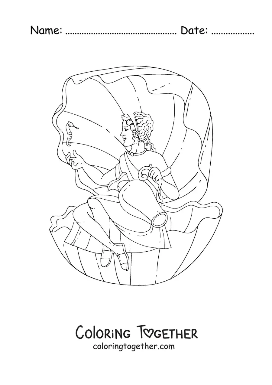 Coloring page of Aphrodite the goddess sitting on a seashell