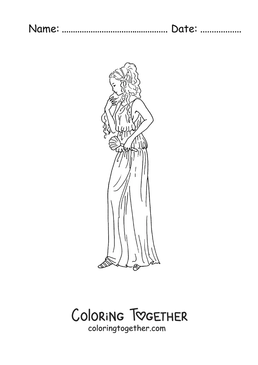 Coloring page of Aphrodite the goddess of beauty, animated, with her tunic