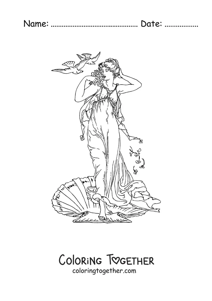 Coloring page of the birth of Venus the goddess of love