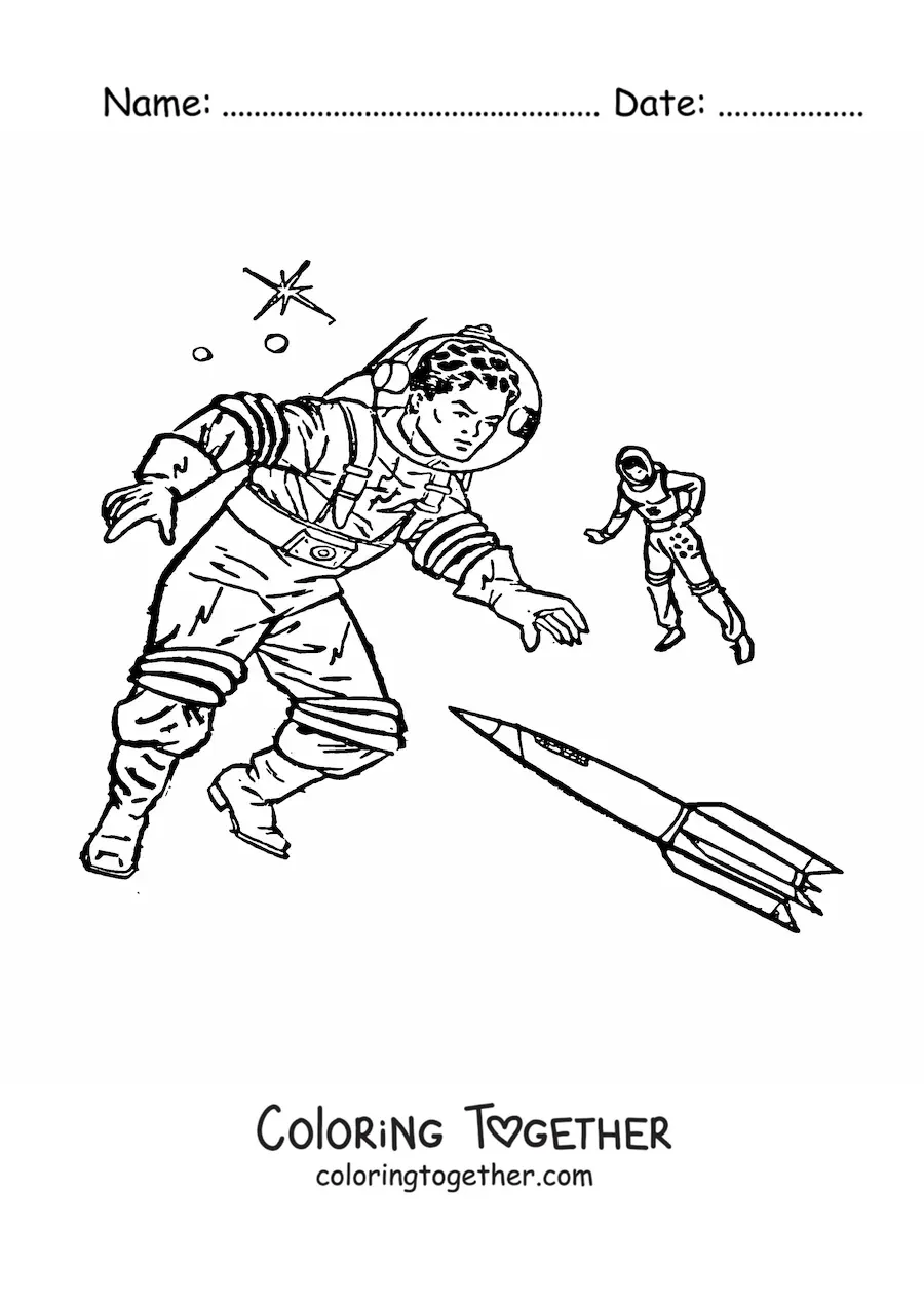 Coloring page of two astronauts floating in space