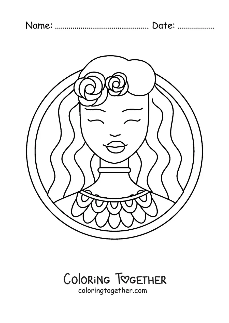 Coloring page of the animated face of Aphrodite the goddess of beauty