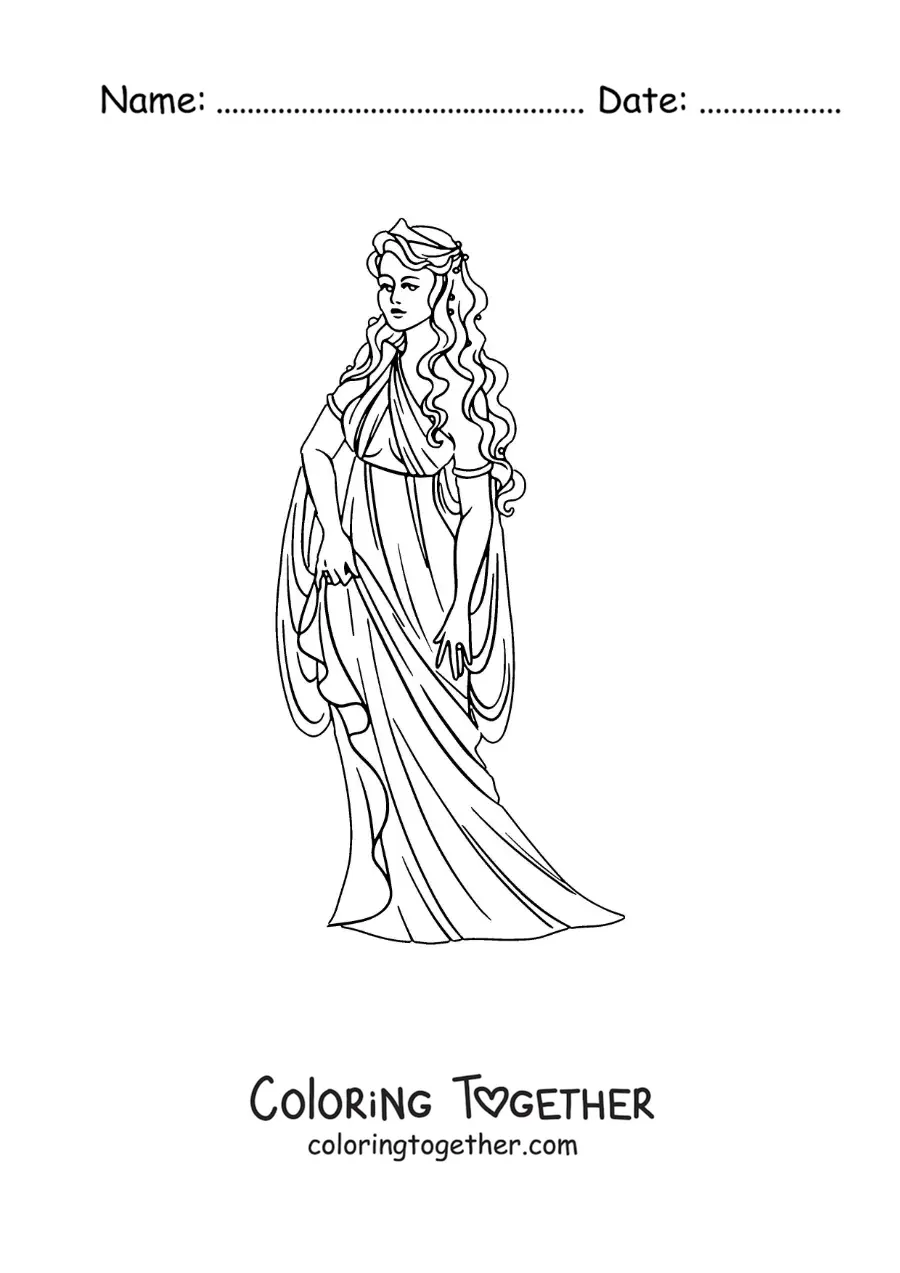 Coloring page of Aphrodite the goddess of love, animated, with her tunic