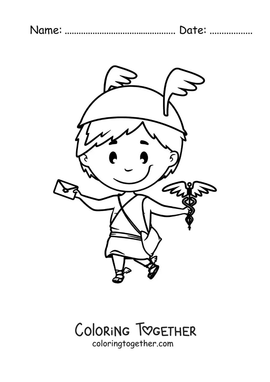 Coloring page of Hermes the messenger of the gods, animated and kawaii