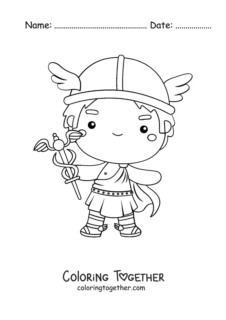 Coloring page of the god Hermes, animated and kawaii, with his caduceus