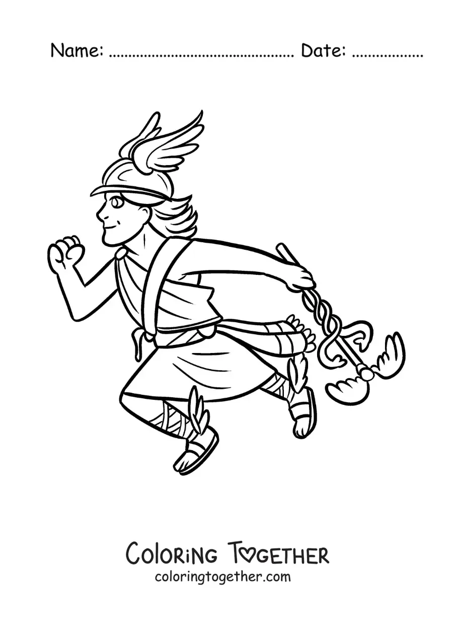 Coloring page of the god Hermes, animated and kawaii, flying with his winged sandals