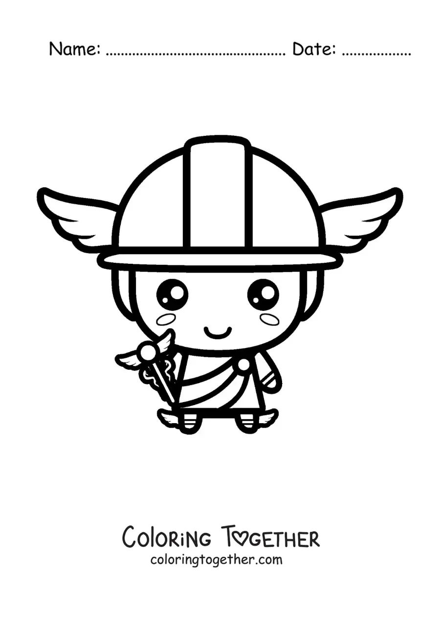 Coloring page of kawaii Hermes with his helmet and his staff
