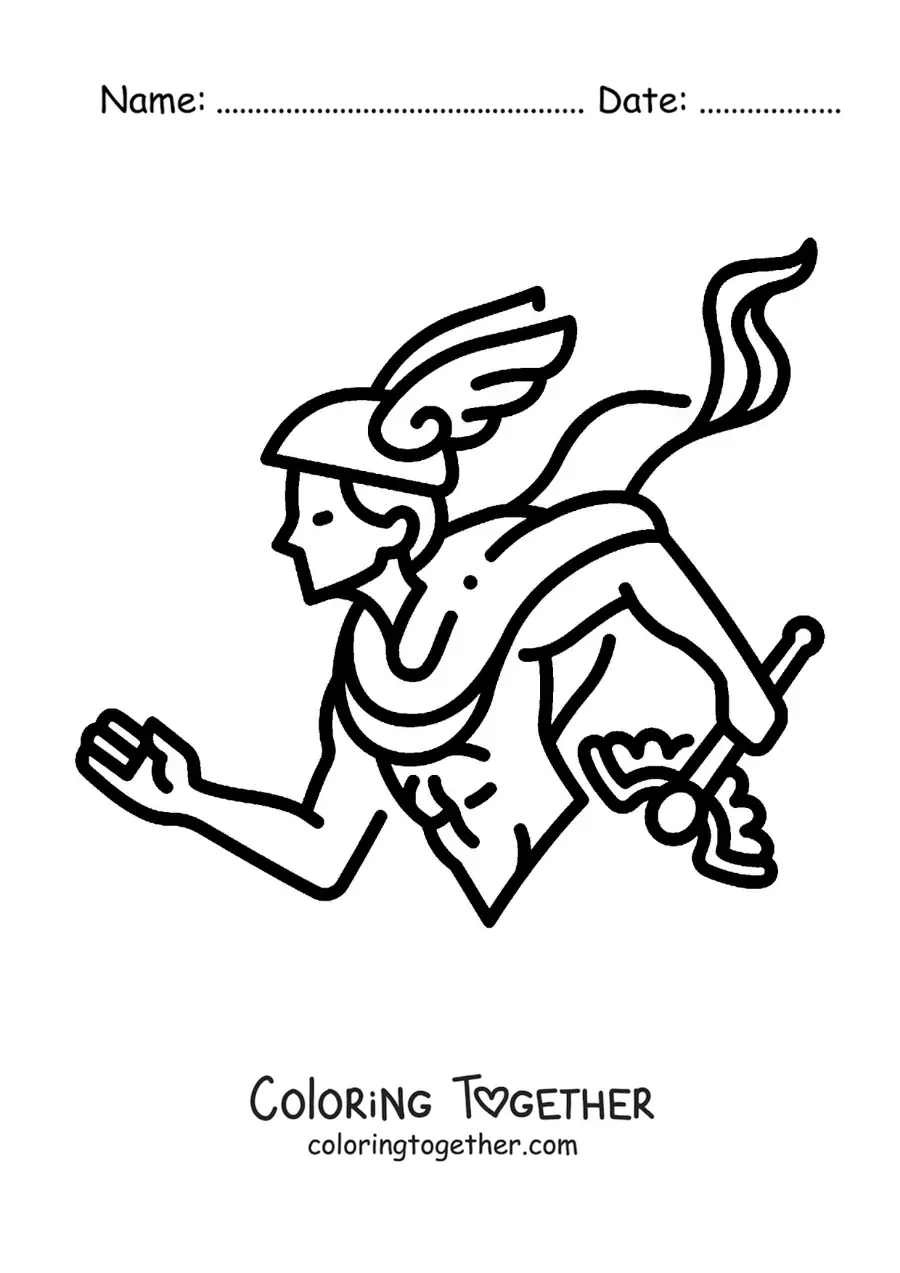 Coloring page of Hermes the Greek god in cartoon style with his caduceus