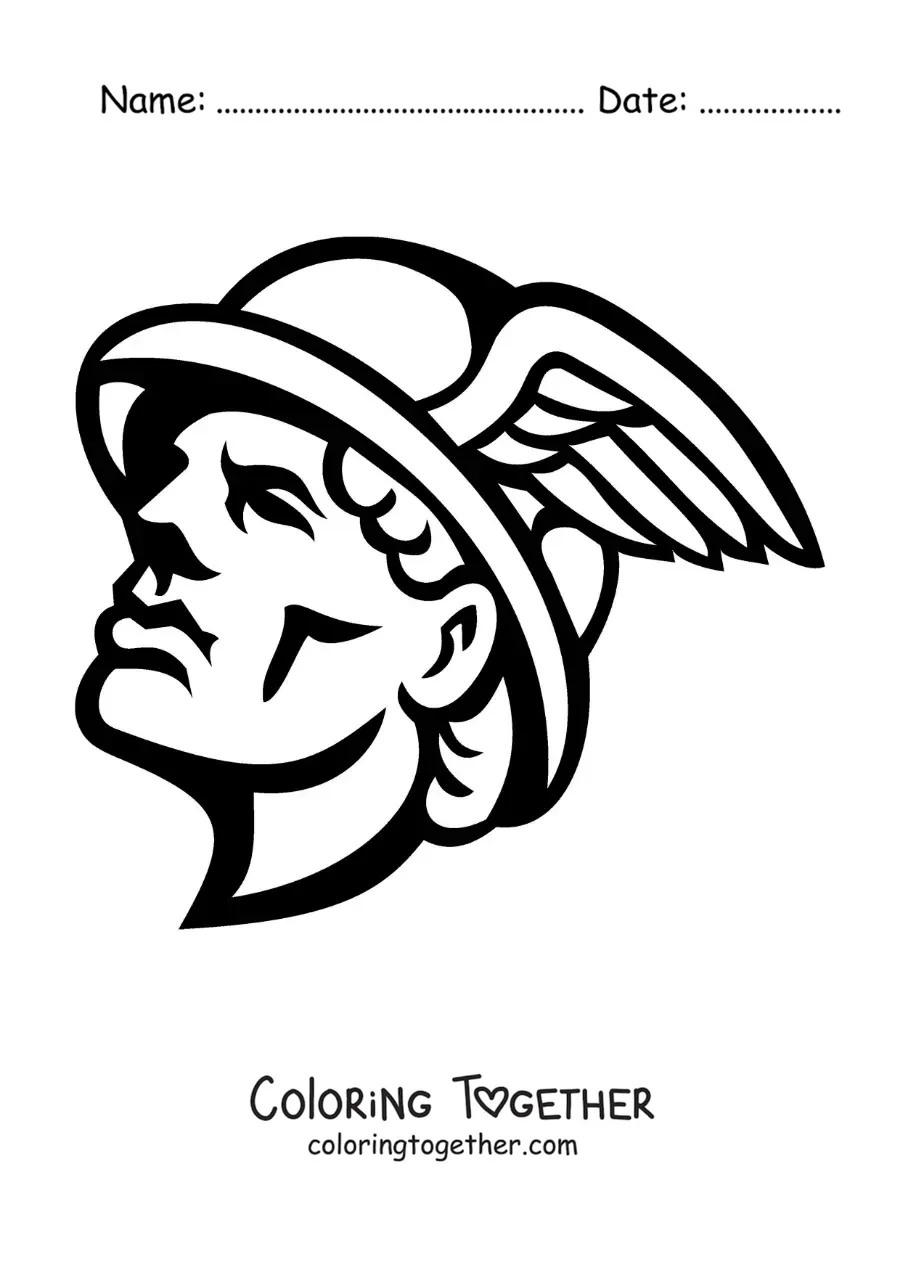 Coloring page of the face of Hermes with his winged helmet