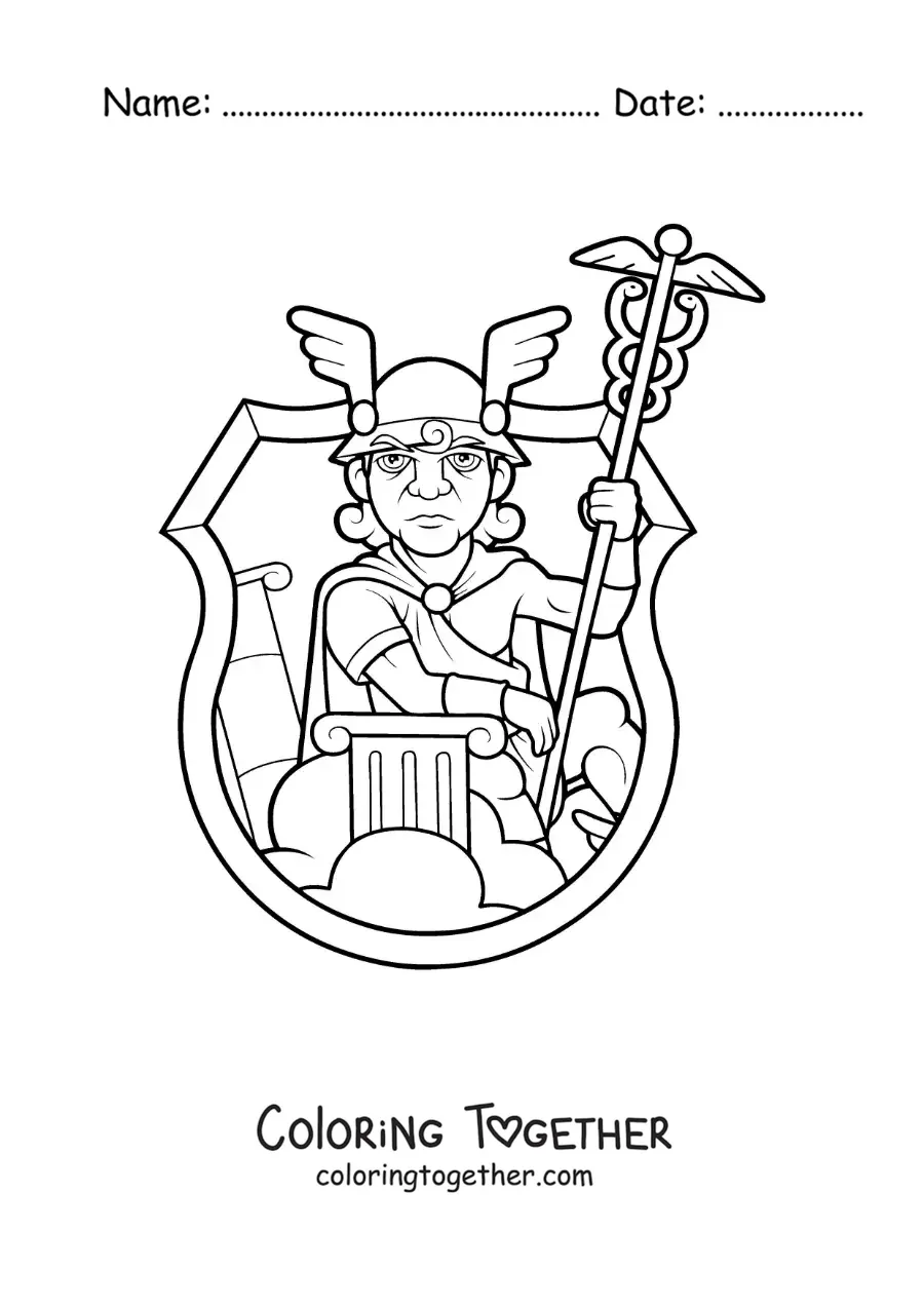 Coloring page of a cartoon of Hermes the messenger with his helmet