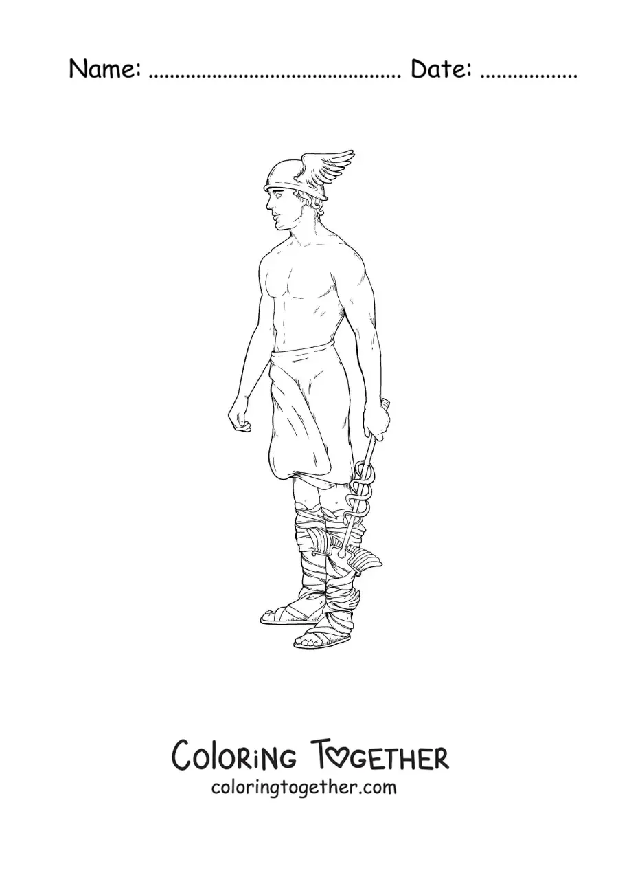 Coloring page of a realistic Hermes with his winged helmet and his staff