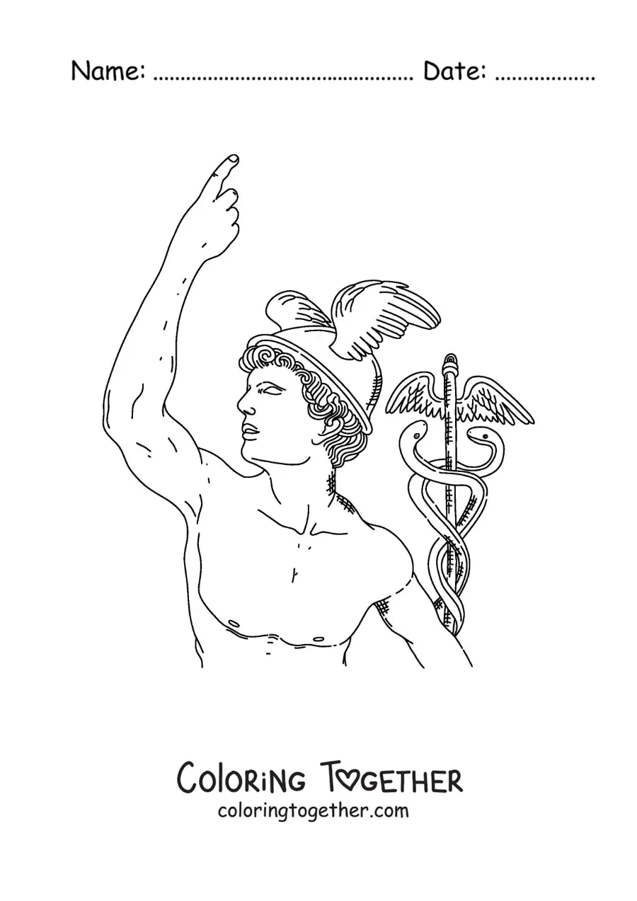 Coloring page of a realistic statue of Hermes with his helmet and his staff