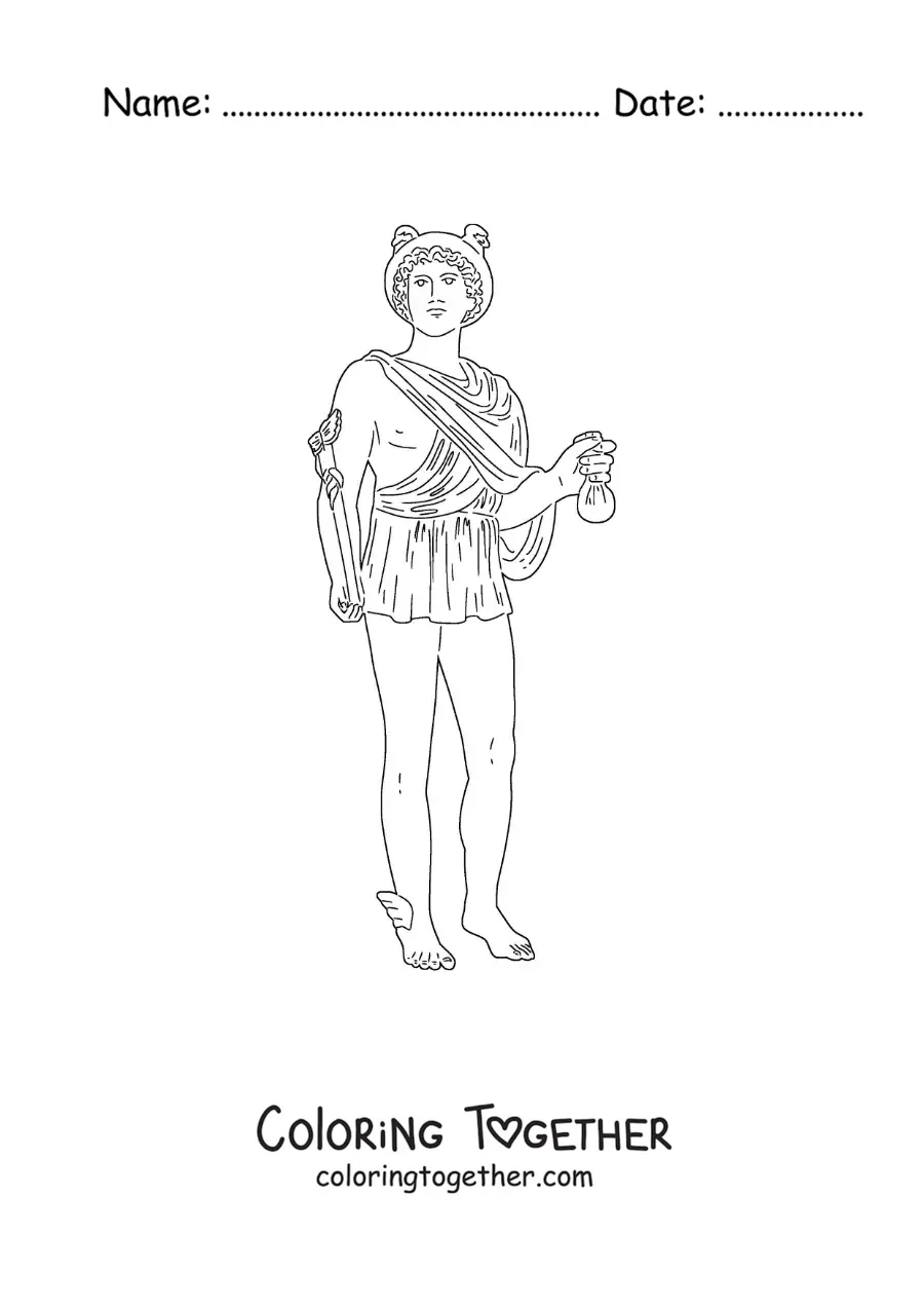 Coloring page of the Greek messenger god Hermes with his winged helmet