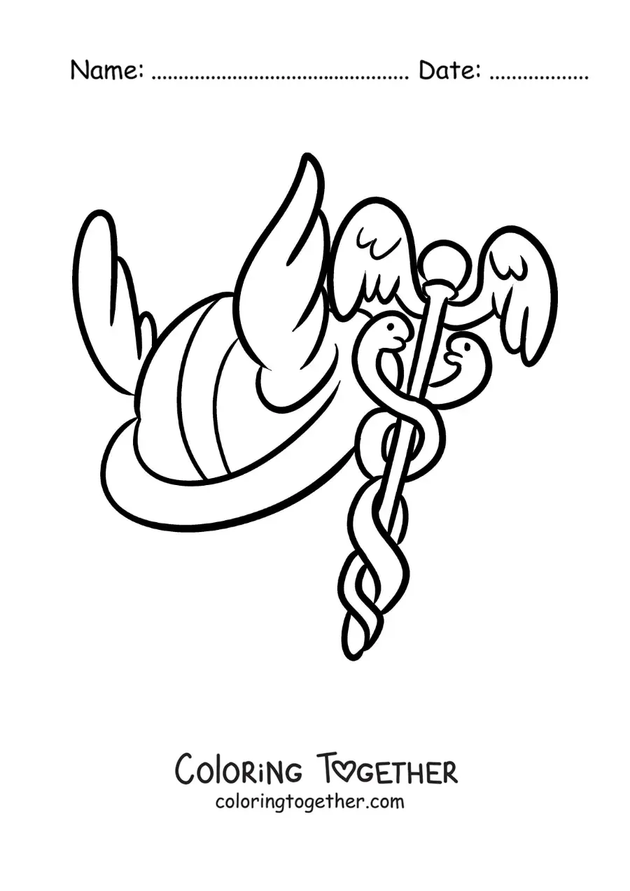 Coloring page of the winged helmet of Hermes and the caduceus