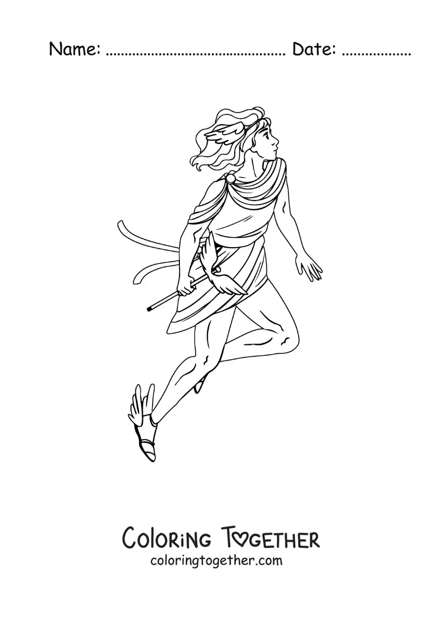 Coloring page of the Greek god Hermes, animated, flying with his winged slippers
