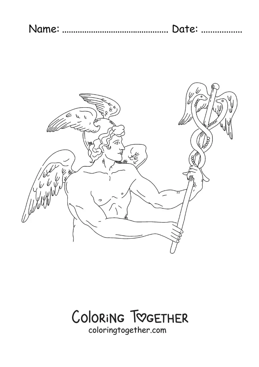 Coloring page of the messenger god Hermes, realistic, holding his staff
