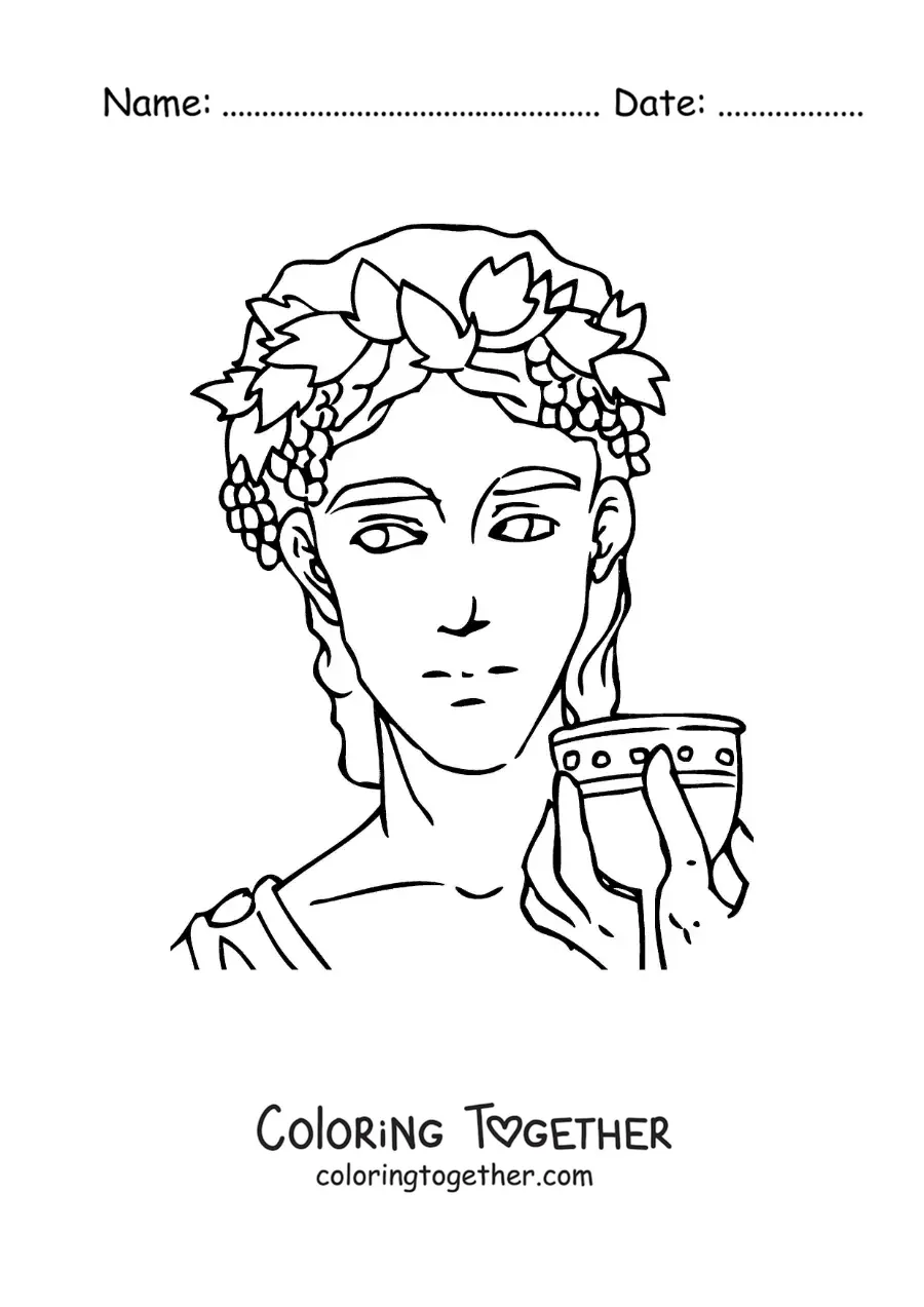 Coloring page of the god Dionysus, anime style, drinking a glass of wine