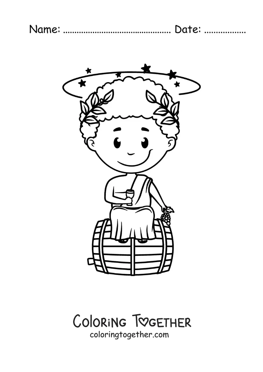 Coloring page of the god Dionysus, animated and kawaii, sitting on a wine barrel
