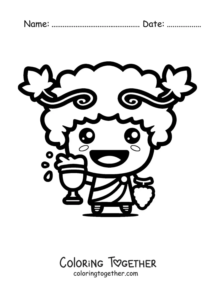 Coloring page of kawaii Dionysus with a glass of wine