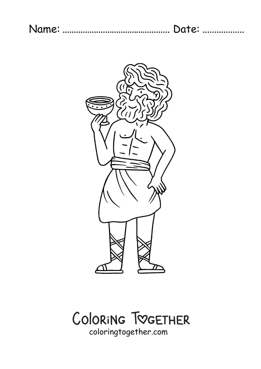 Coloring page of an animated Dionysus drinking a glass of wine