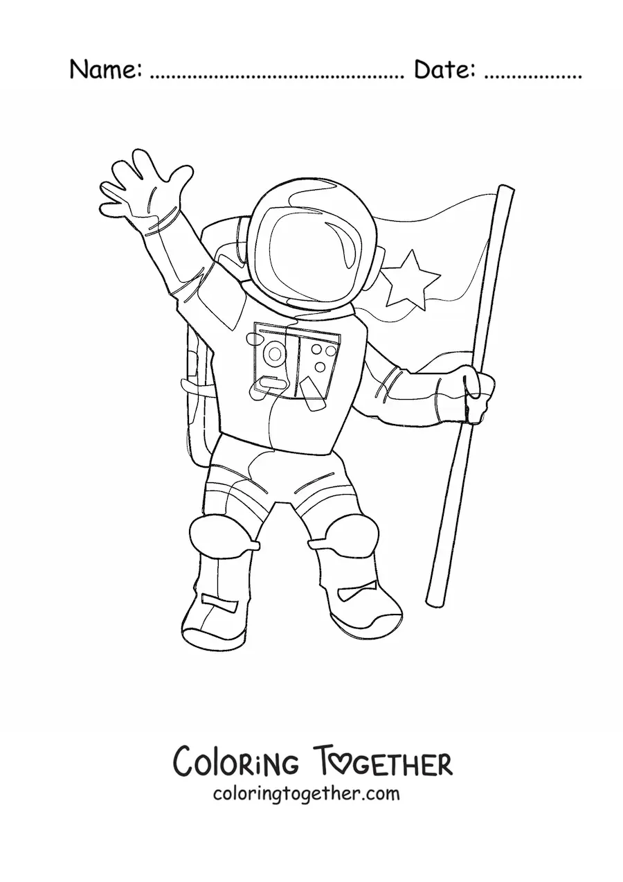 Coloring page of an astronaut in a spacesuit waving and holding a flag