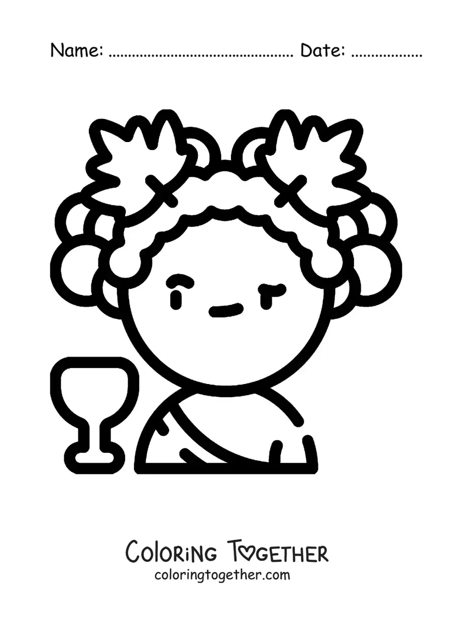 Coloring page of an animated Dionysus, easy, with a glass of wine