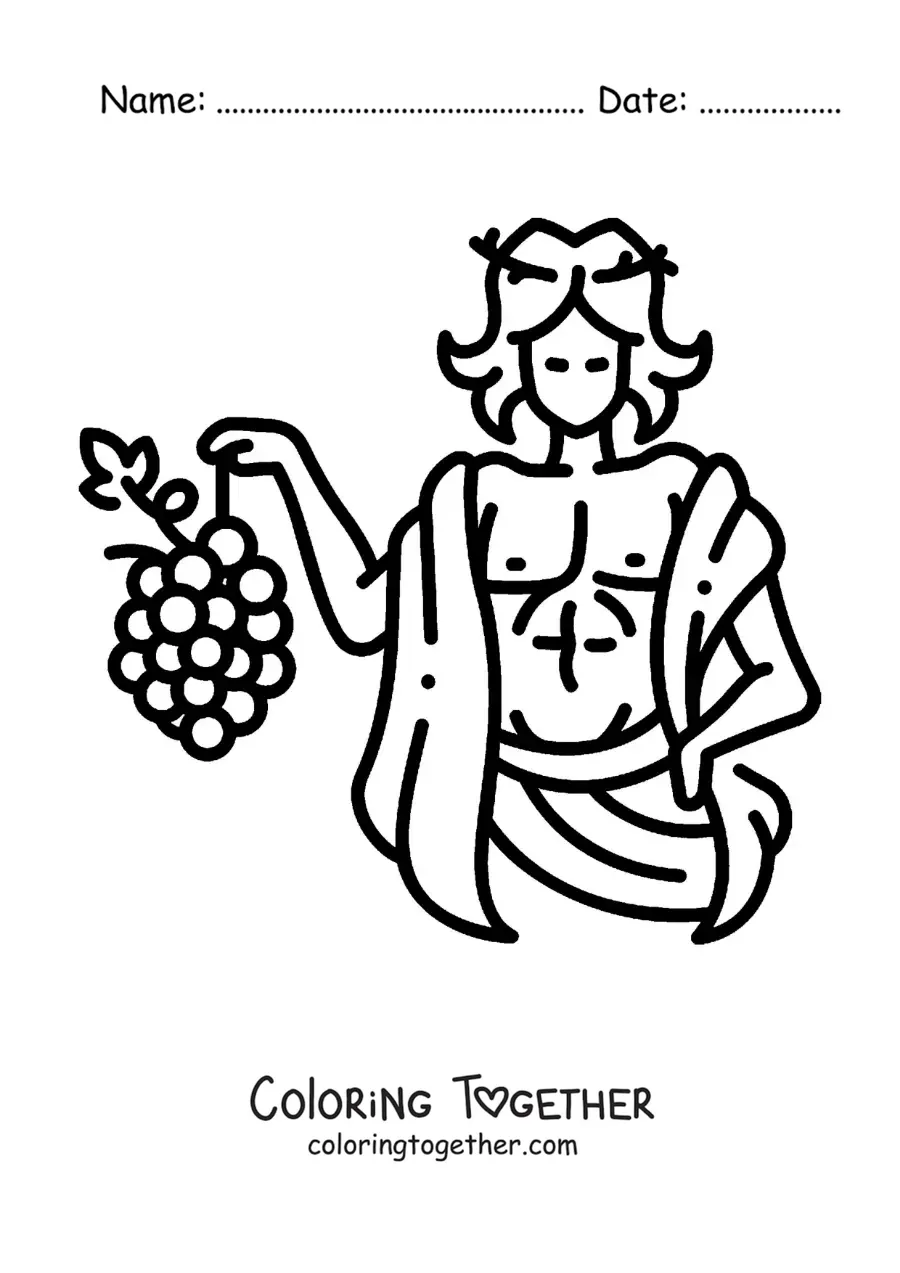 Coloring page of an animated Dionysus, easy, with a bunch of grapes
