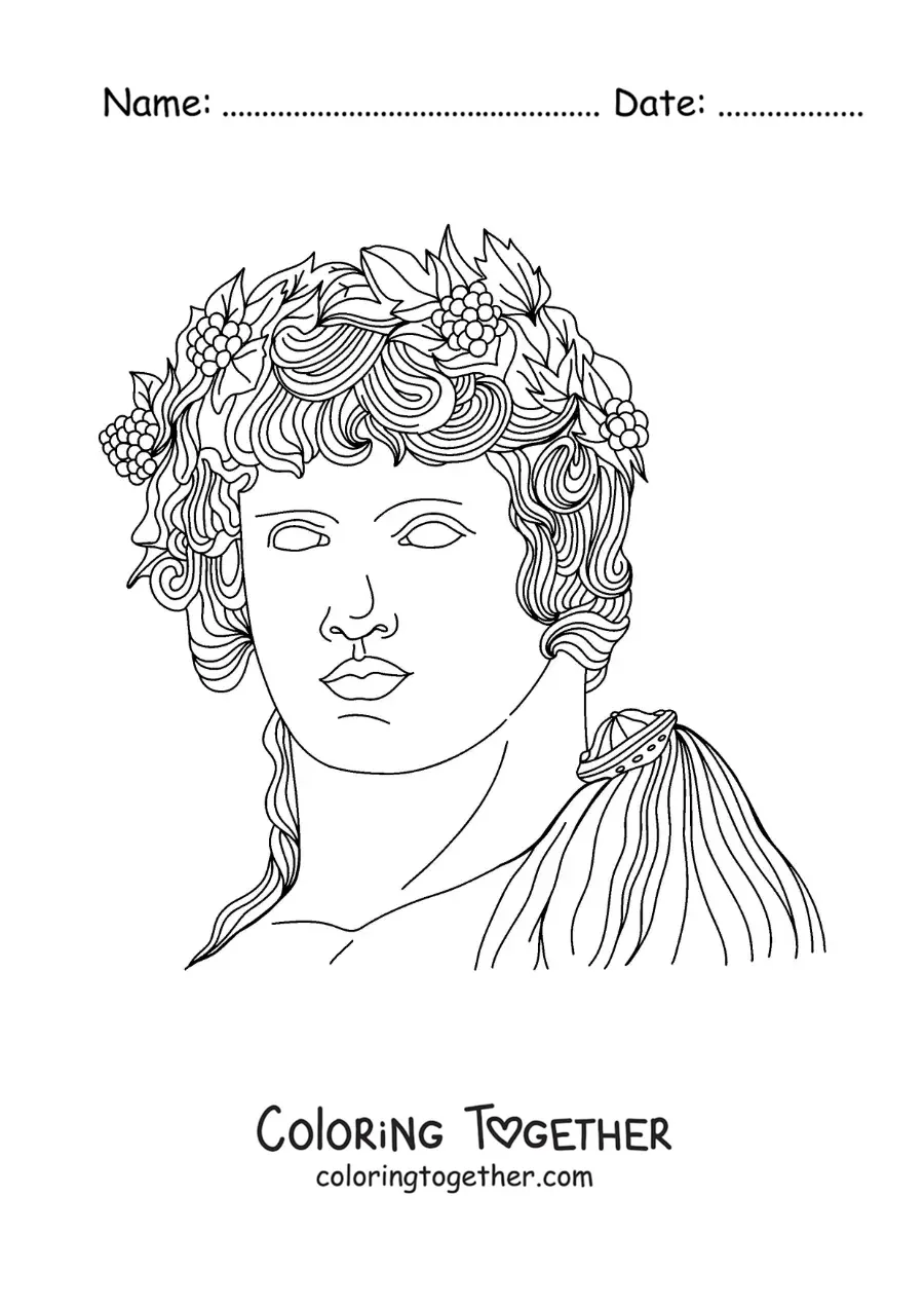 Coloring page of a statue of the face of Dionysus with his crown of leaves
