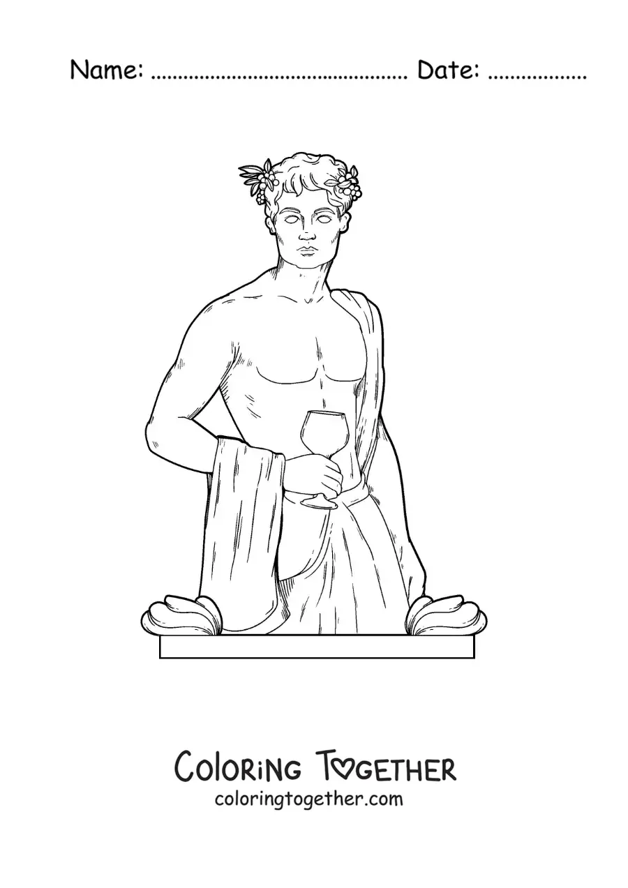 Coloring page of the god of wine Dionysus, realistic, drinking wine