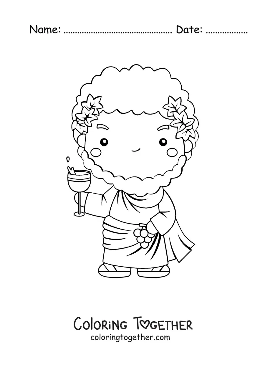 Coloring page of the god of wine Dionysus, animated and kawaii, drinking wine