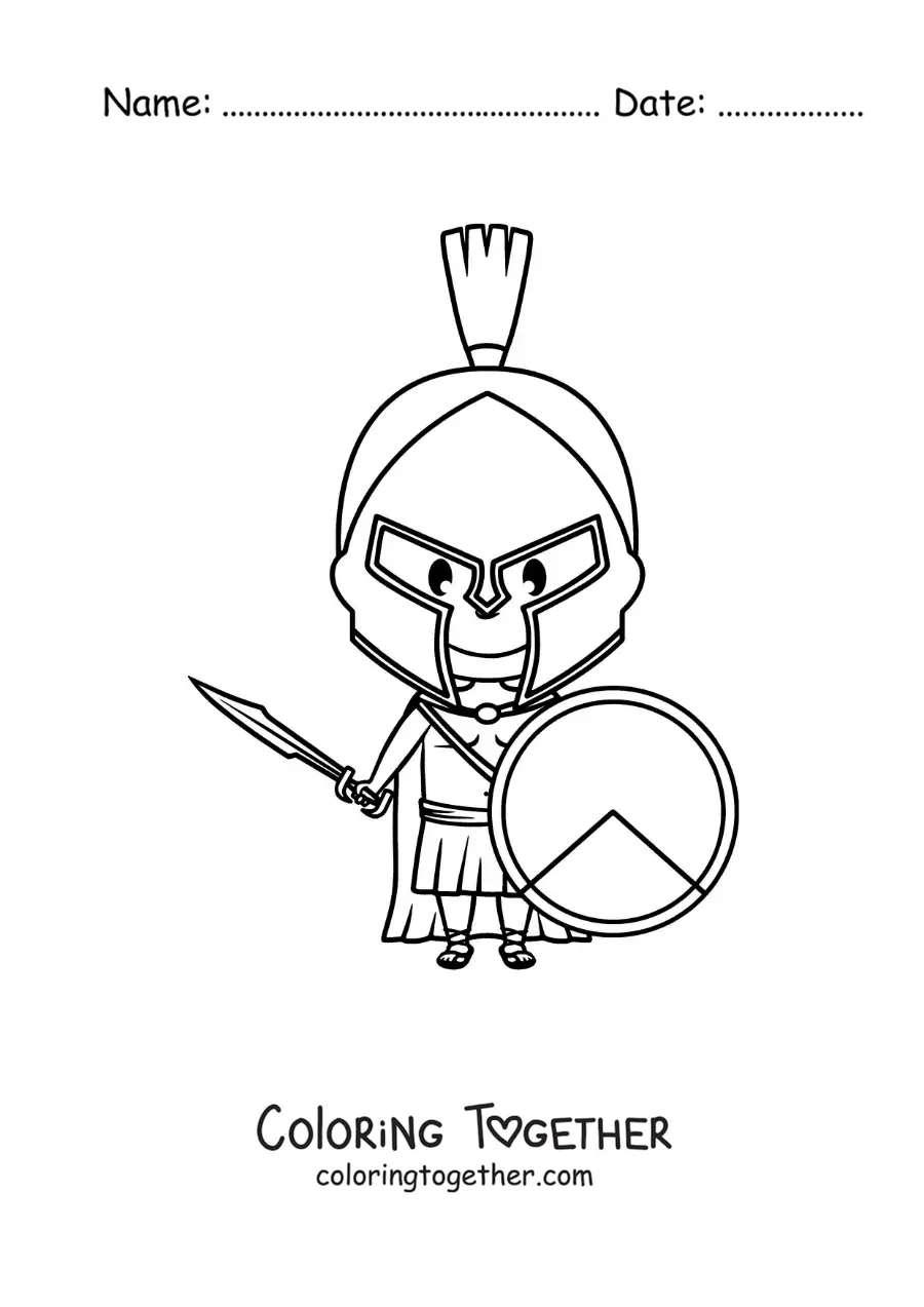 Coloring page of the Greek god Ares, kawaii and animated, with his helmet