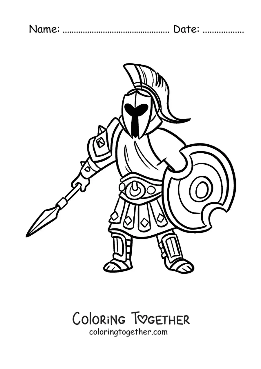 Coloring page of the Greek god Ares, animated, with his armor