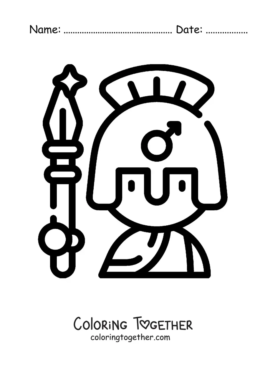 Coloring page of Ares the Greek god, cartoon style, with his spear