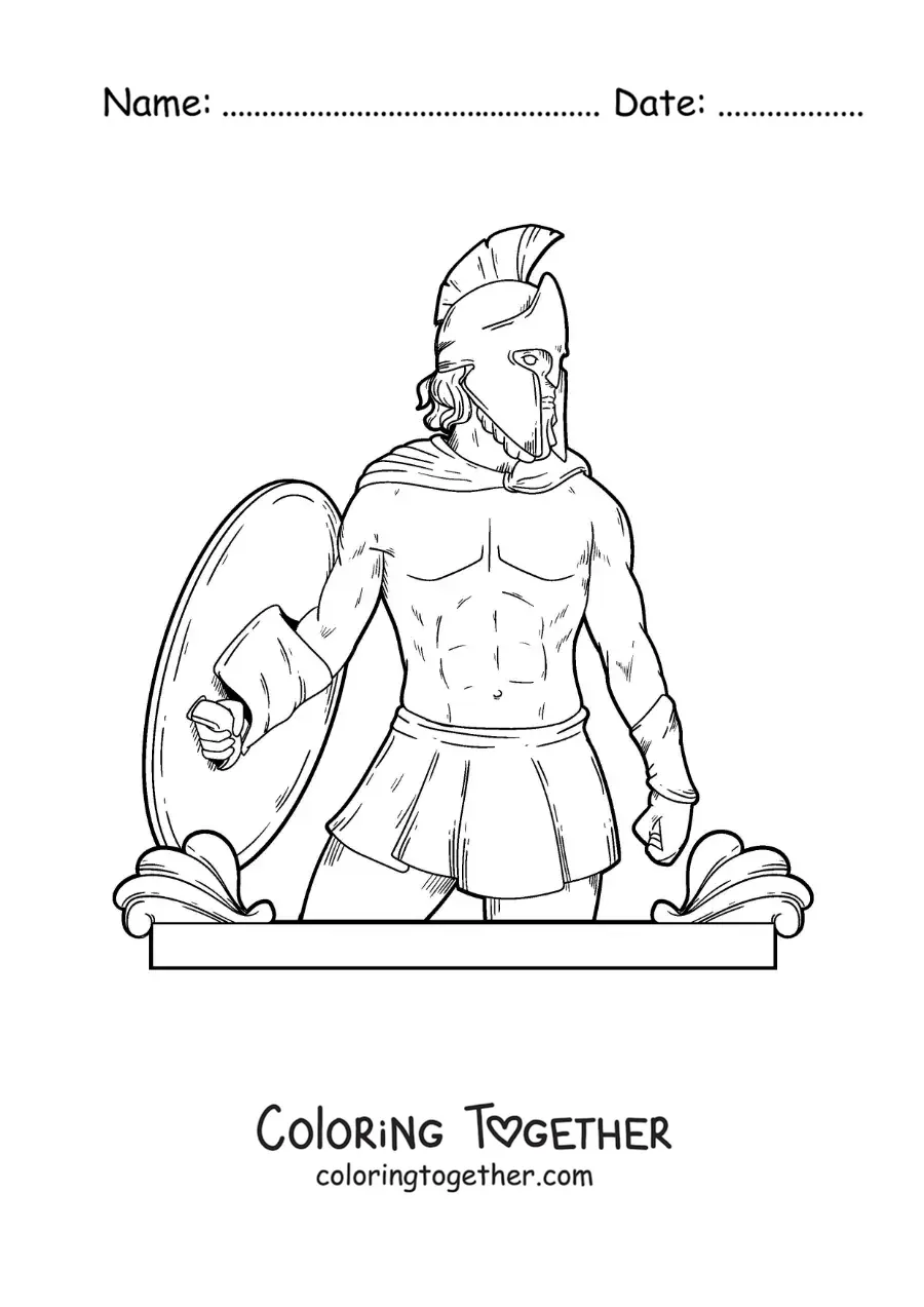 Coloring page of Ares the Greek god, realistic, with his helmet and shield