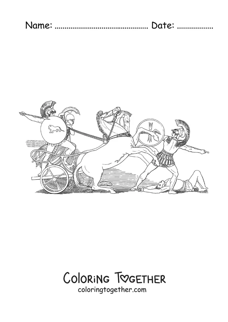 Coloring page of Ares the god of war fighting in a battle