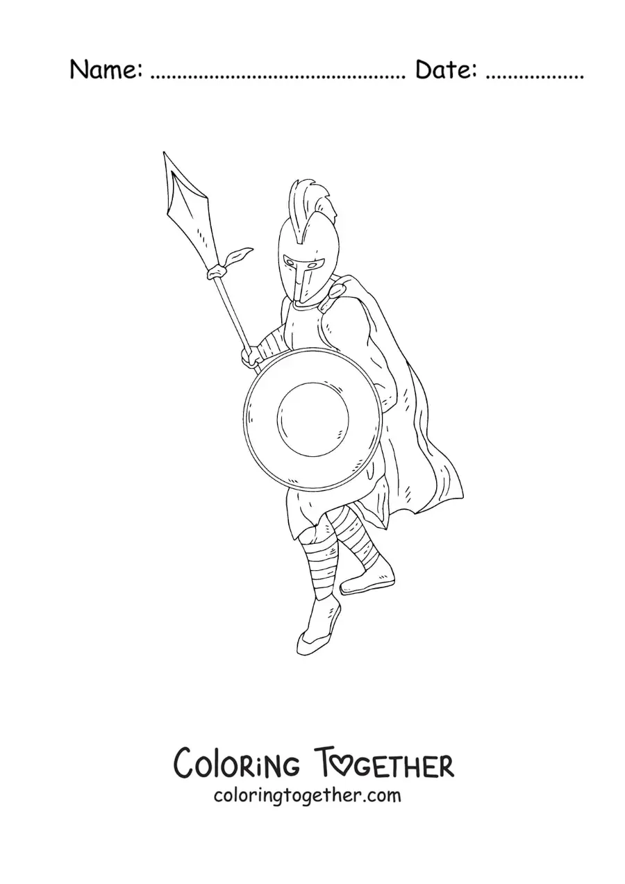 Coloring page of the god Ares, realistic, with his shield and his spear