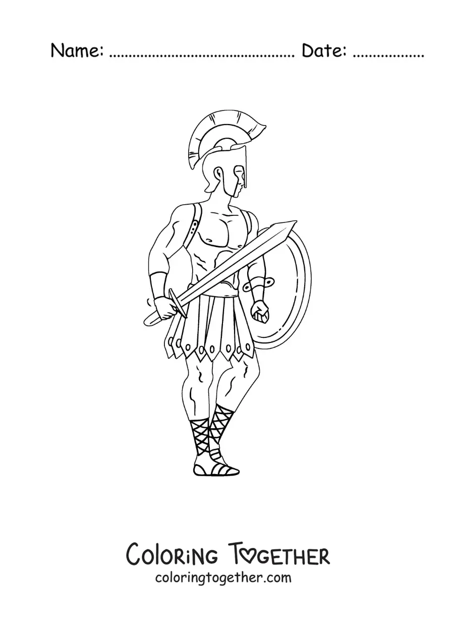 Coloring page of the god Ares from Greek mythology with his armor and his helmet