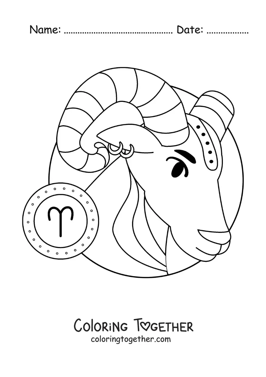 Coloring page of the ram of the Aries sign, cartoon style