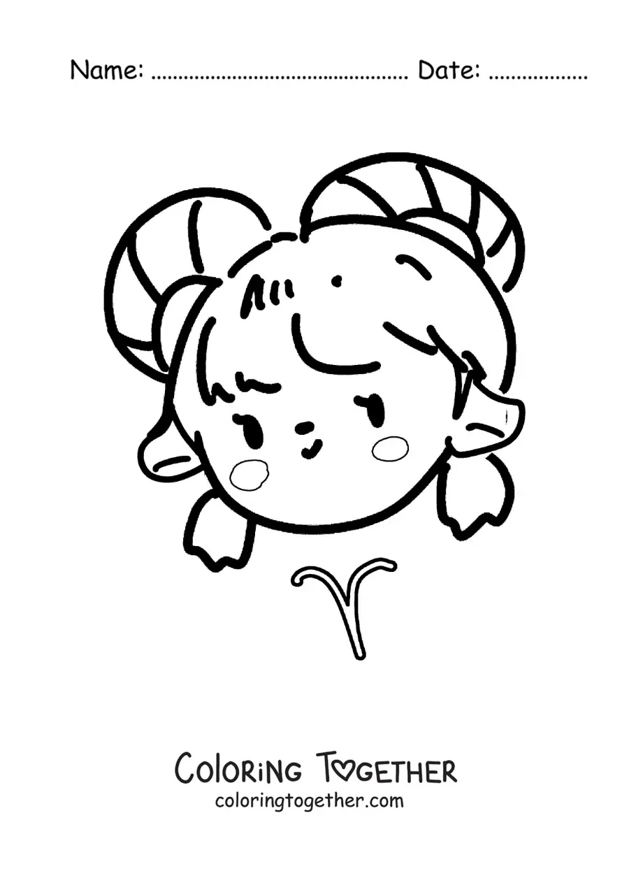 Coloring page of an Aries sign girl, cartoon and kawaii