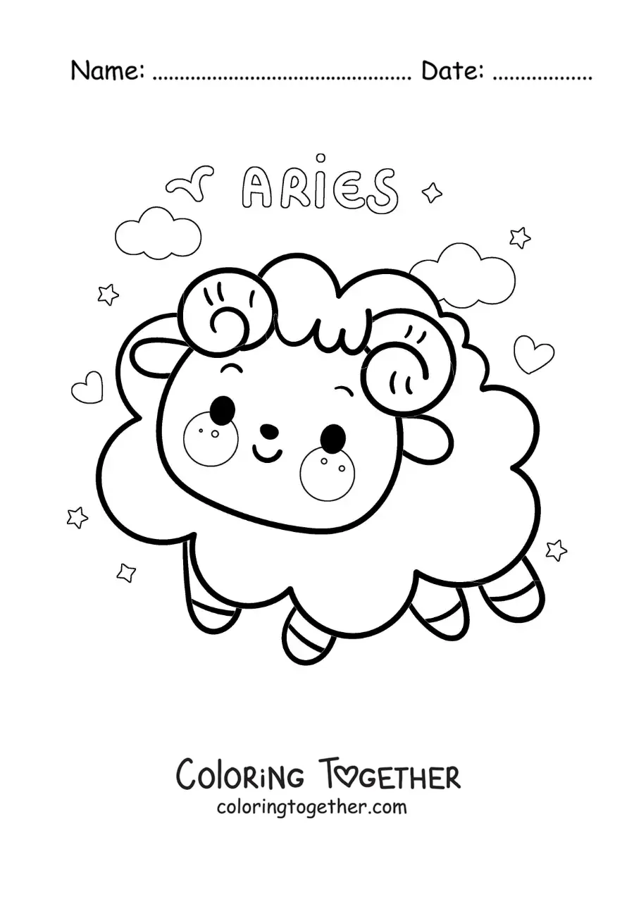 Coloring page of a ram of the Aries sign, kawaii style