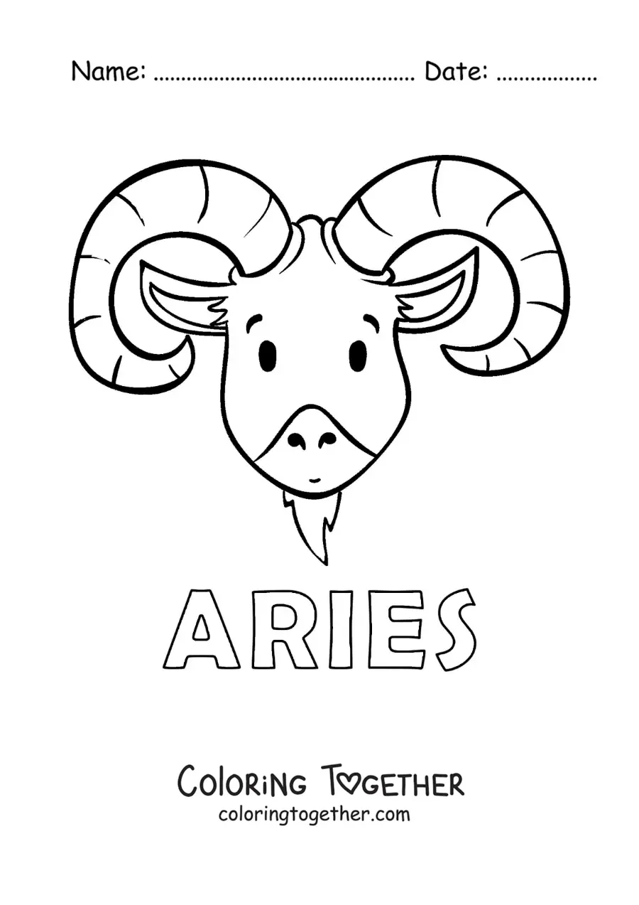 Coloring page of the Aries sign, cartoon style, with its name