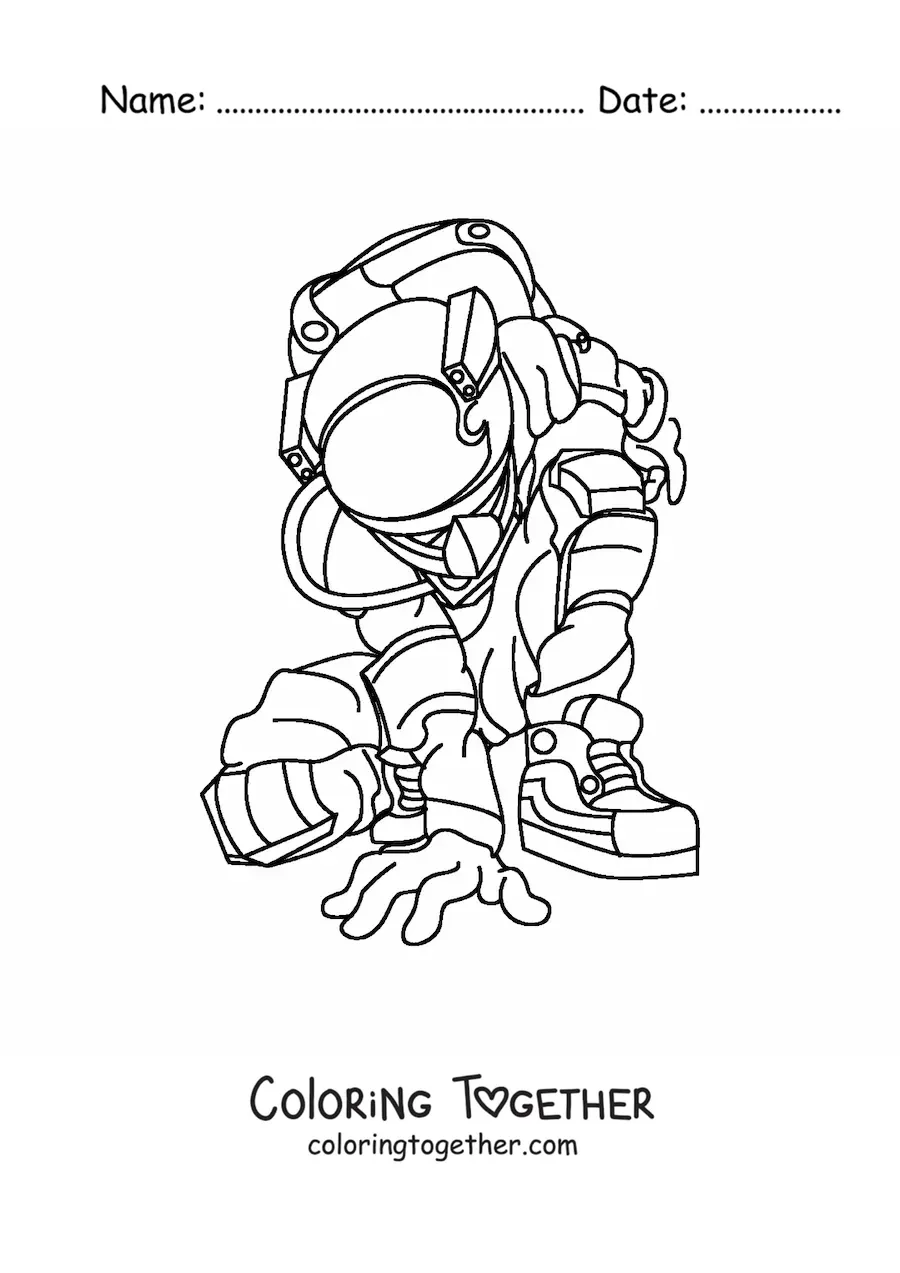 Coloring page of an astronaut in a spacesuit crouching down